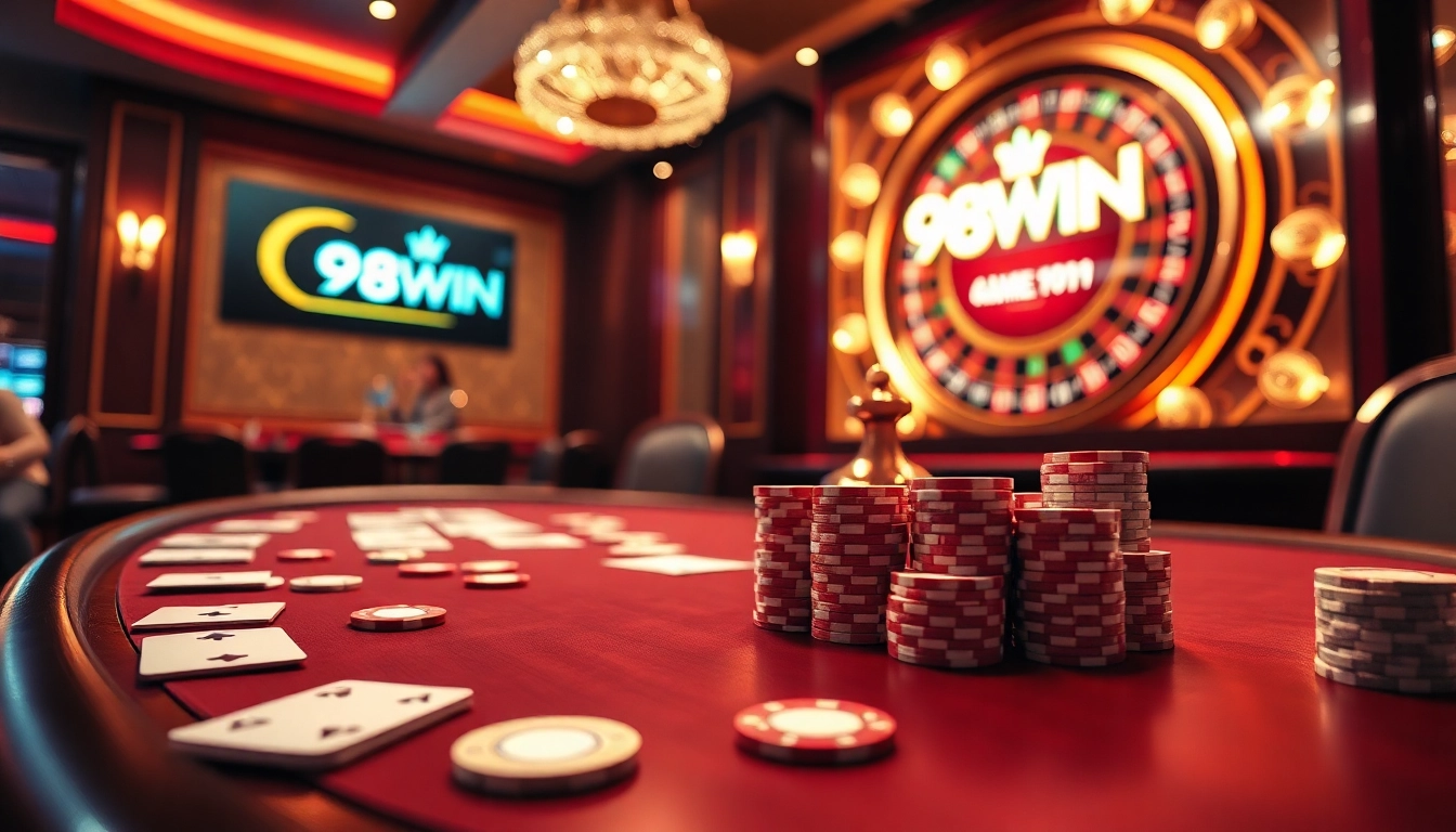 Experience the thrill of 98WIN at a luxurious poker table with vibrant chips and cards.