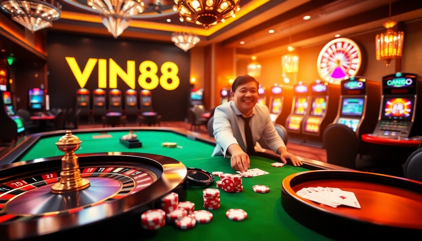 Experience the thrill of VIN88 with vibrant casino visuals showcasing roulette and slot machines.