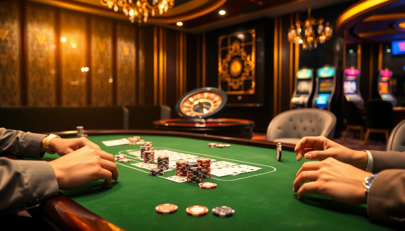 Experience thrilling game bài moments at an upscale casino with vibrant cards and strategic players.