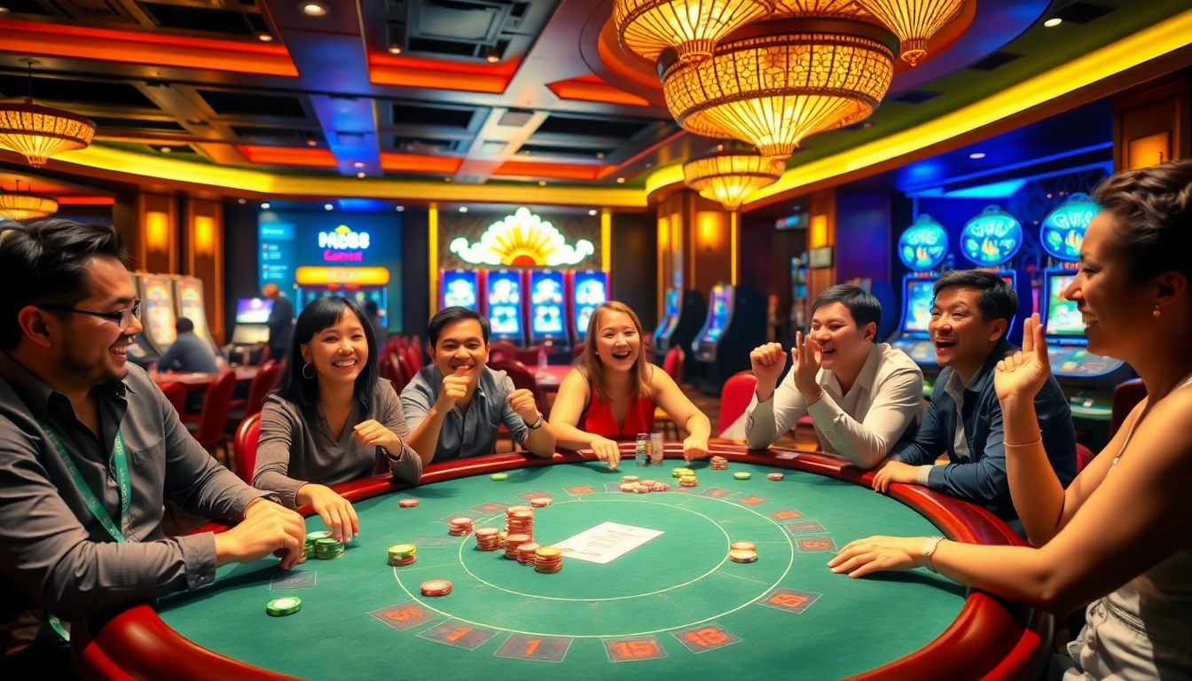 Experience the thrill of MM88 with vibrant casino tables and players enjoying various games.