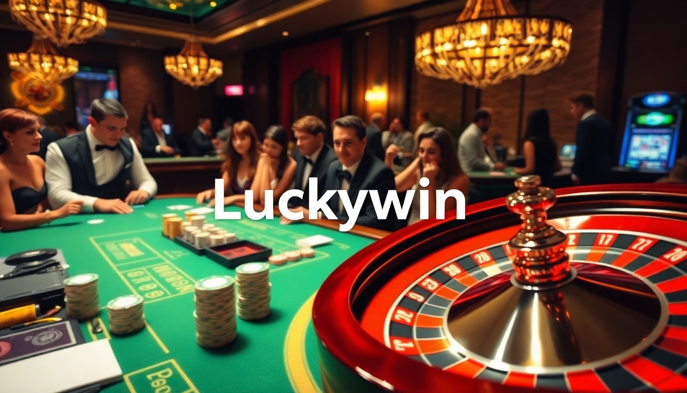 Experience the thrill of betting at Luckywin casino with luxurious gaming tables and excited players.