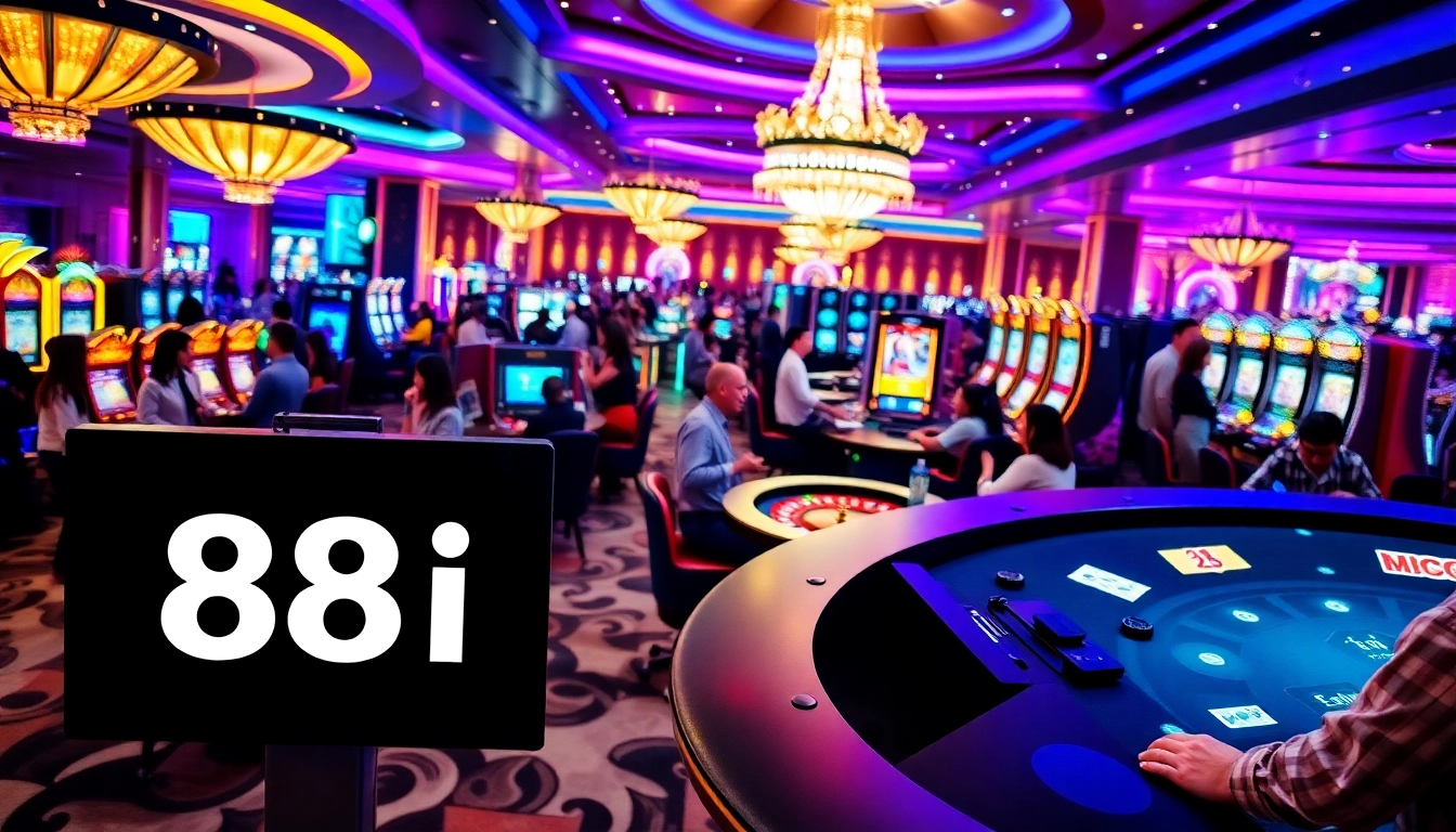 Experience the thrill of gambling at the 88i casino, featuring vibrant tables and excited players.