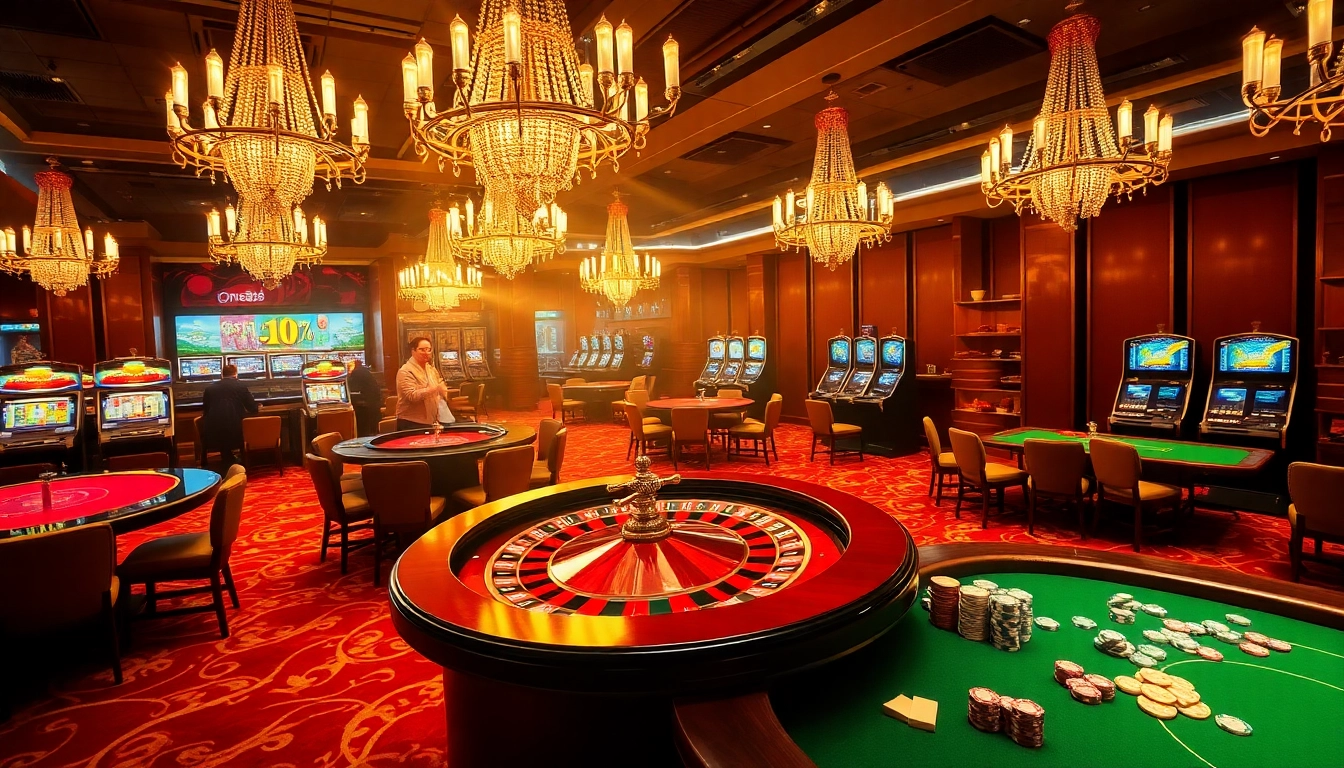 Engaging gaming scene showcasing lively one88 casino tables with roulette and slot machines.