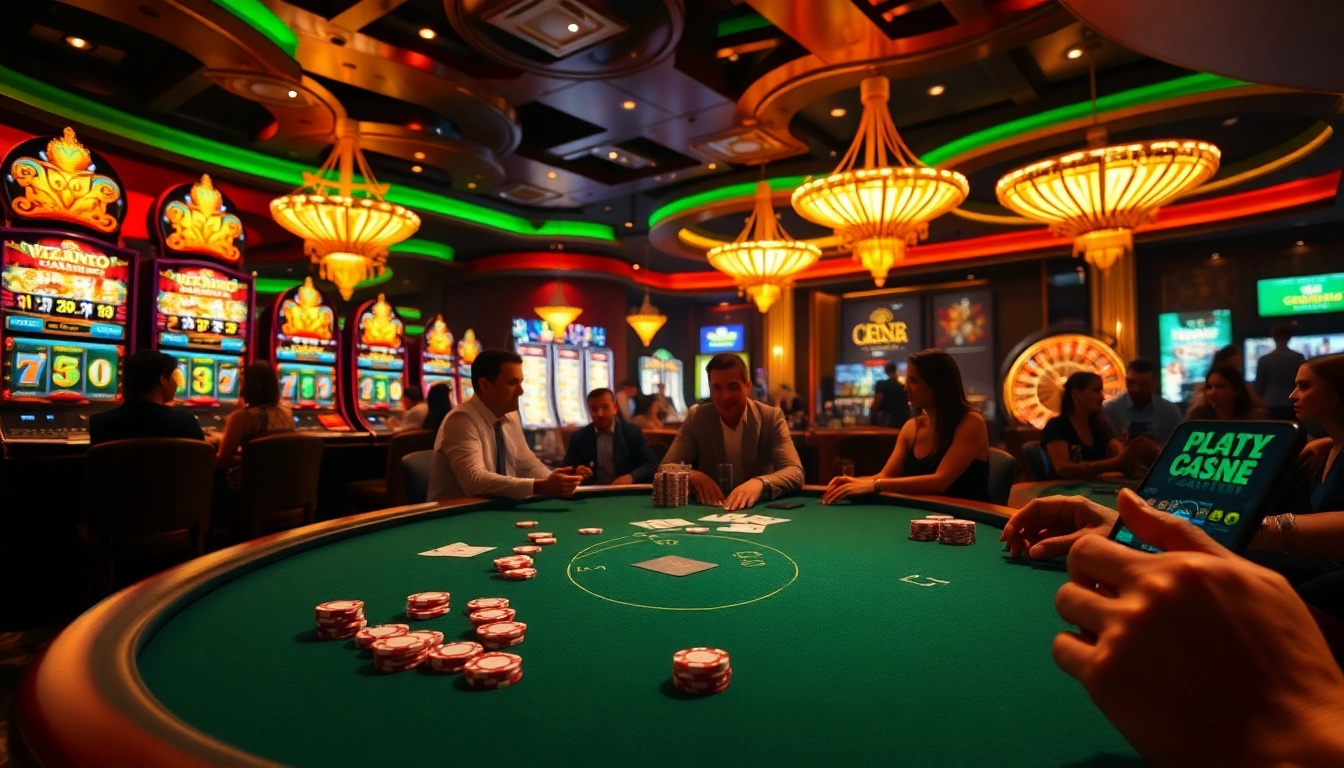 Casino players enjoy the thrill of okking at a vibrant poker table with rich colors and exciting atmosphere.