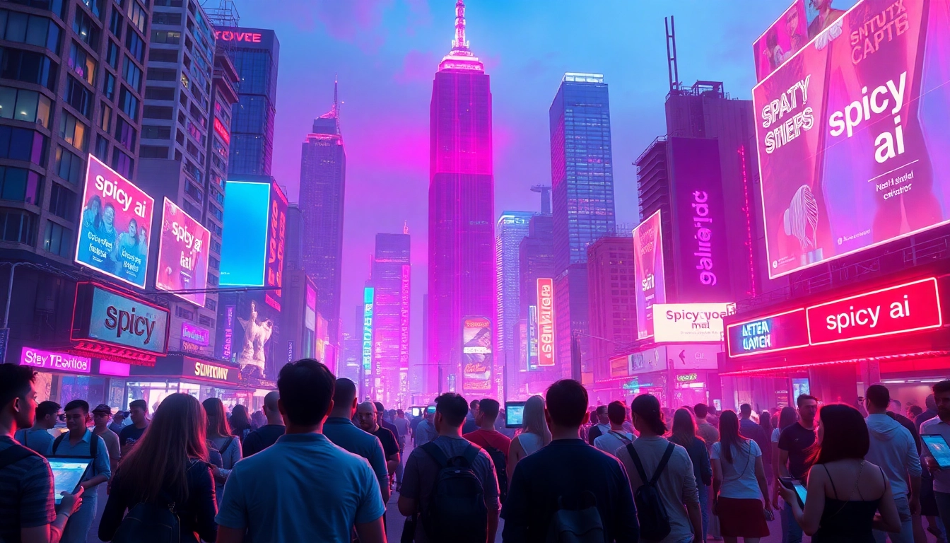 Dynamic neon cityscape representing spicy ai interactions with diverse users in a futuristic setting.