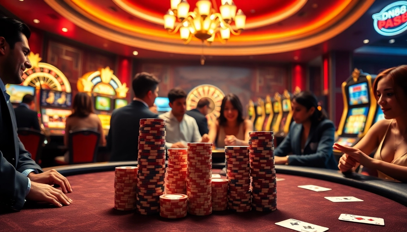 Experience the excitement of dn88 gaming at a luxurious casino with vibrant poker tables and thrilling slot machines.