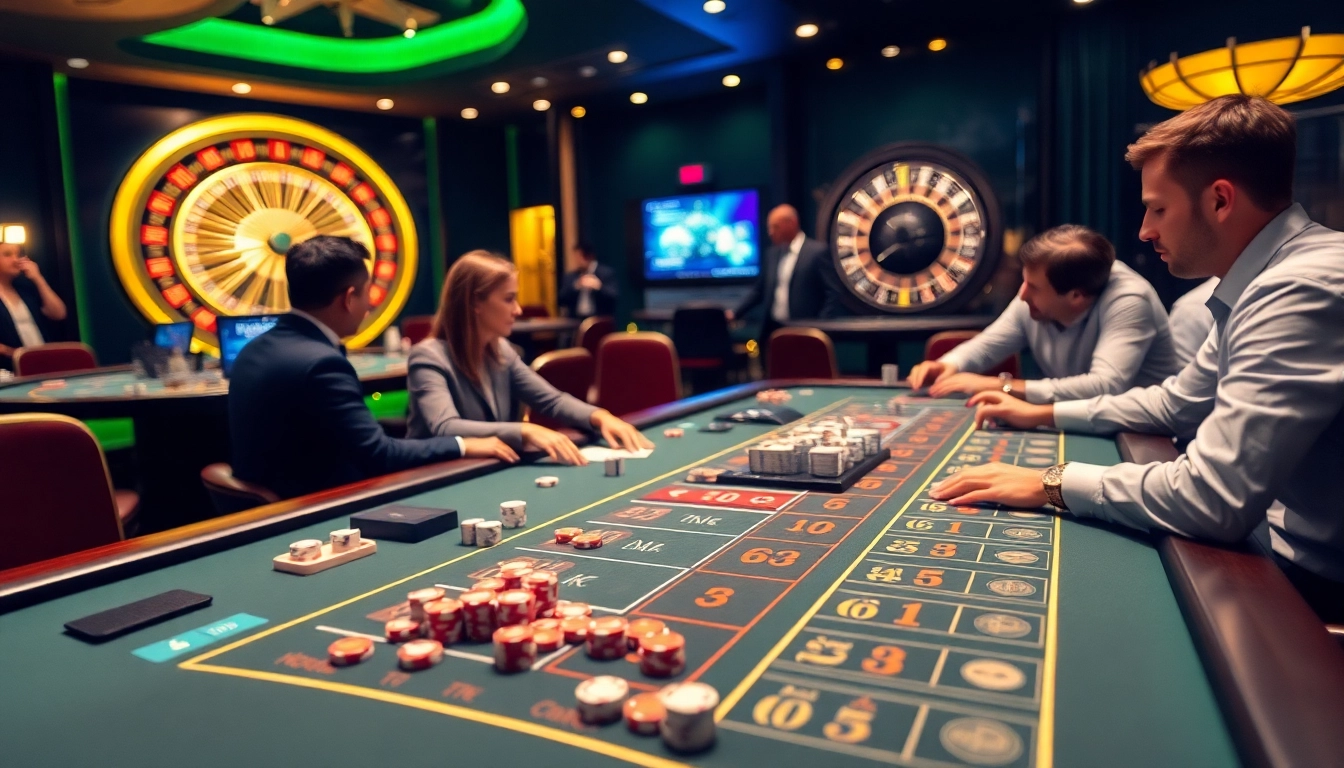 Engaging Game Tài xỉu md5 players at a vibrant casino table with chips and dice.