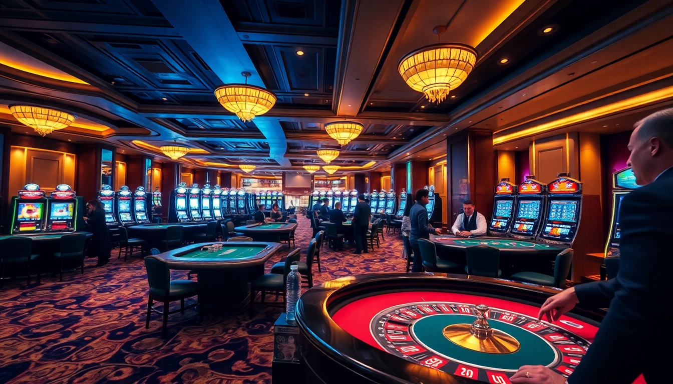 Exciting casino gaming scene at https://sumvip.mom/ showcasing poker tables, roulette, and vibrant slot machines.