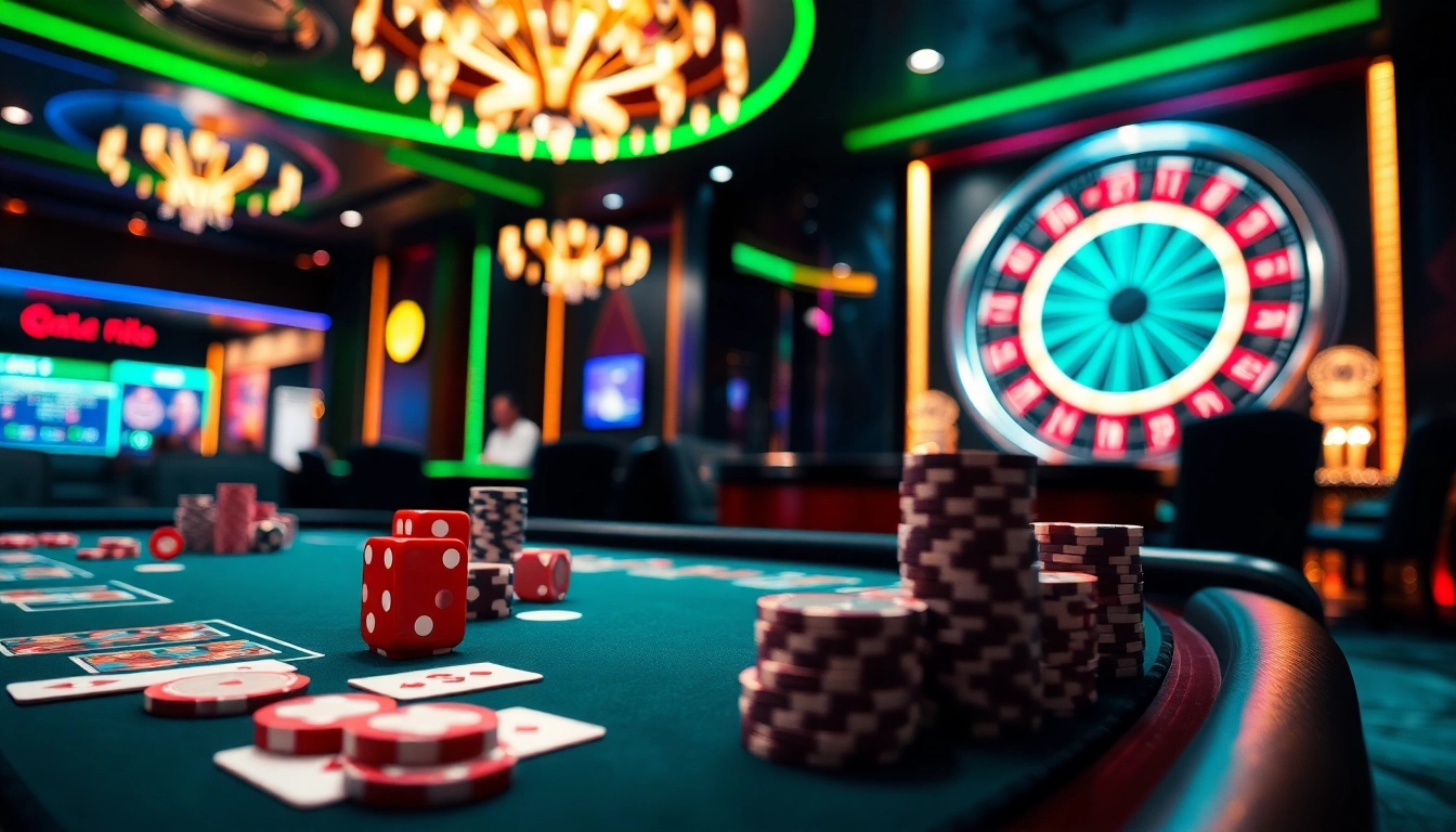 Experience the excitement of KJC with a vibrant casino scene featuring poker chips and cards.
