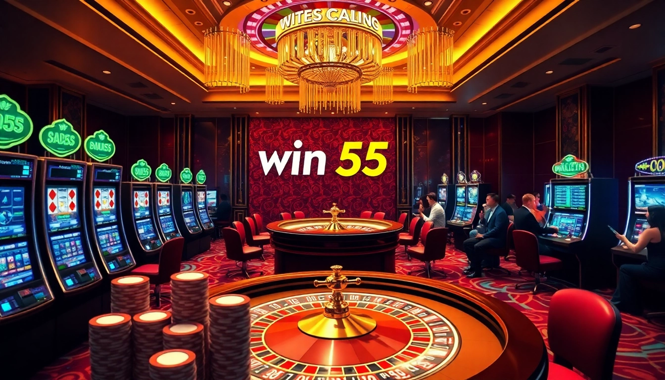 Players enjoying high-stakes games for a chance to win 55 at a luxurious casino ballroom.