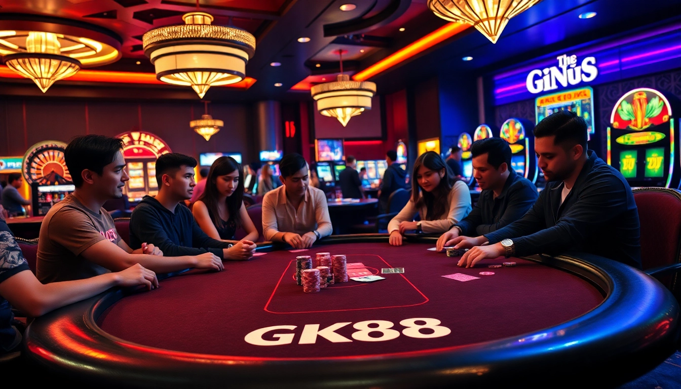 Players enjoying an exciting poker game in a luxurious casino, highlighting GK88 branding.