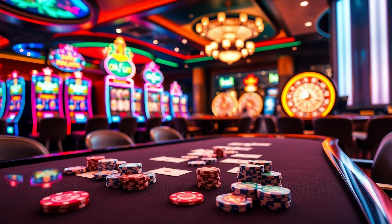 Experience high-stakes excitement with okfun at a luxurious casino gaming table filled with chips and cards.