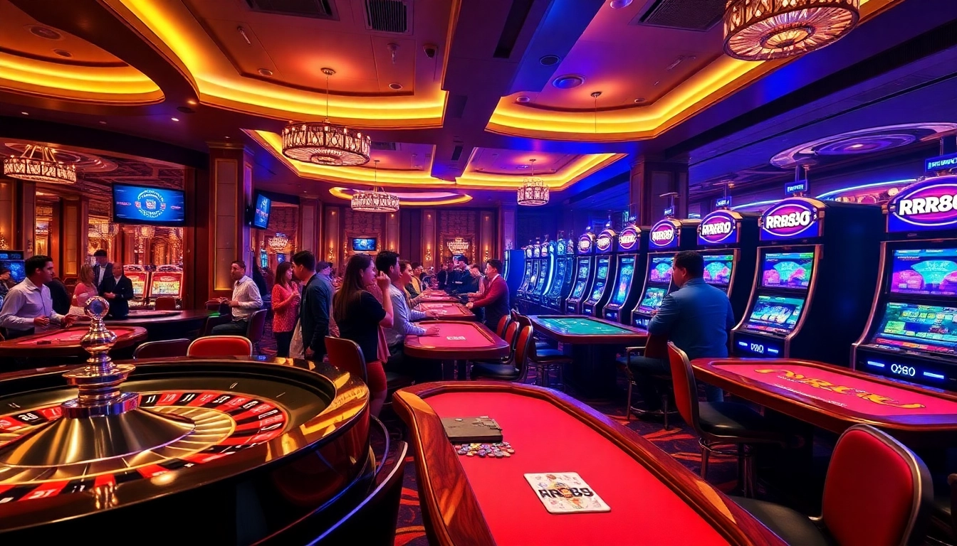 Players enjoying thrilling games at RR88 casino, featuring a lively atmosphere with roulette and poker.