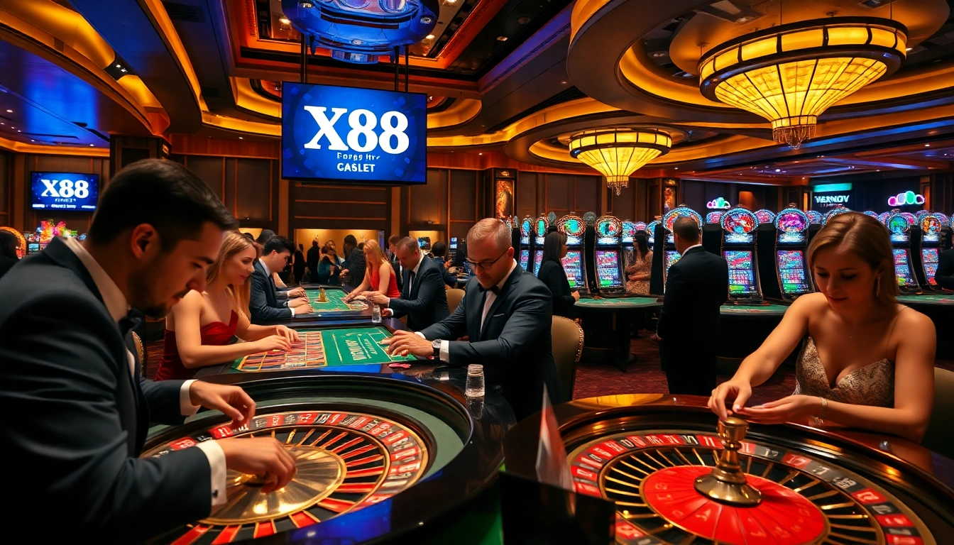 Experience the thrill of X88 gaming at a luxurious casino table with vibrant slot machines.