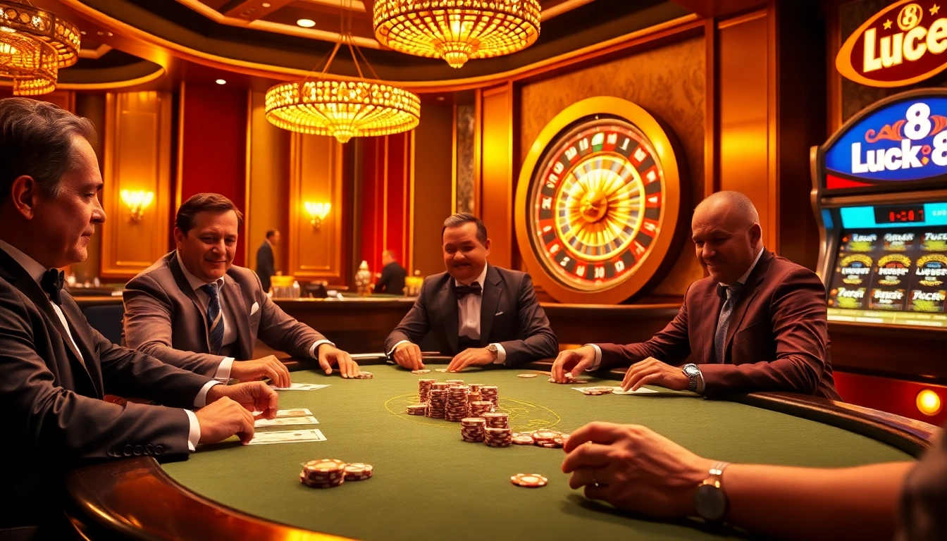 Luck8 players engaged in an exciting high-stakes poker game at a luxurious casino.