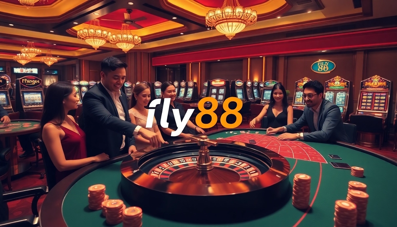 Experience thrilling moments at fly88 with vibrant casino tables and excited players.