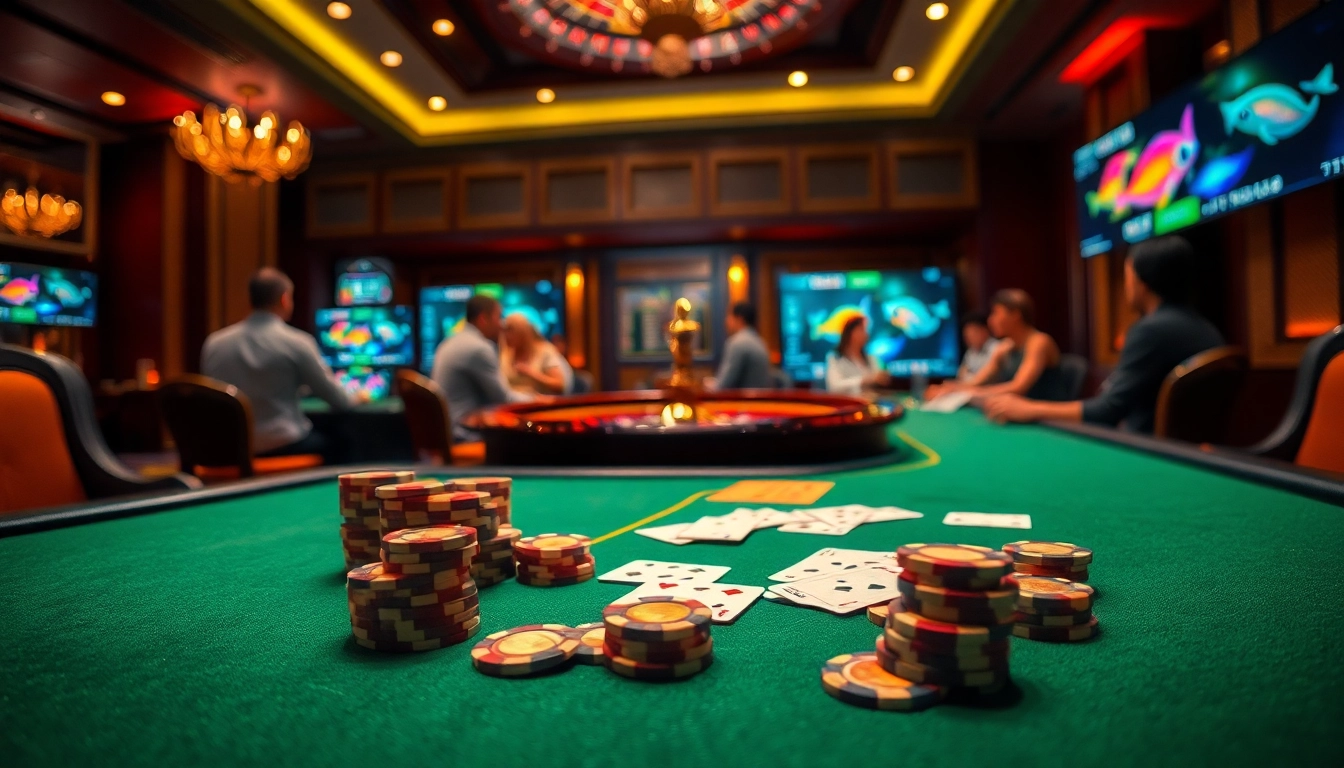 Casino table with vibrant chips, cards, and bancadoithuong gaming screens in an elegant setting.