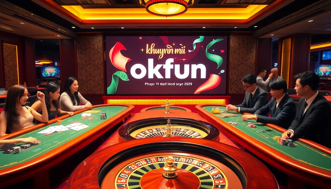 Exciting casino event showcasing khuyến mãi okfun with vibrant tables and eager players.