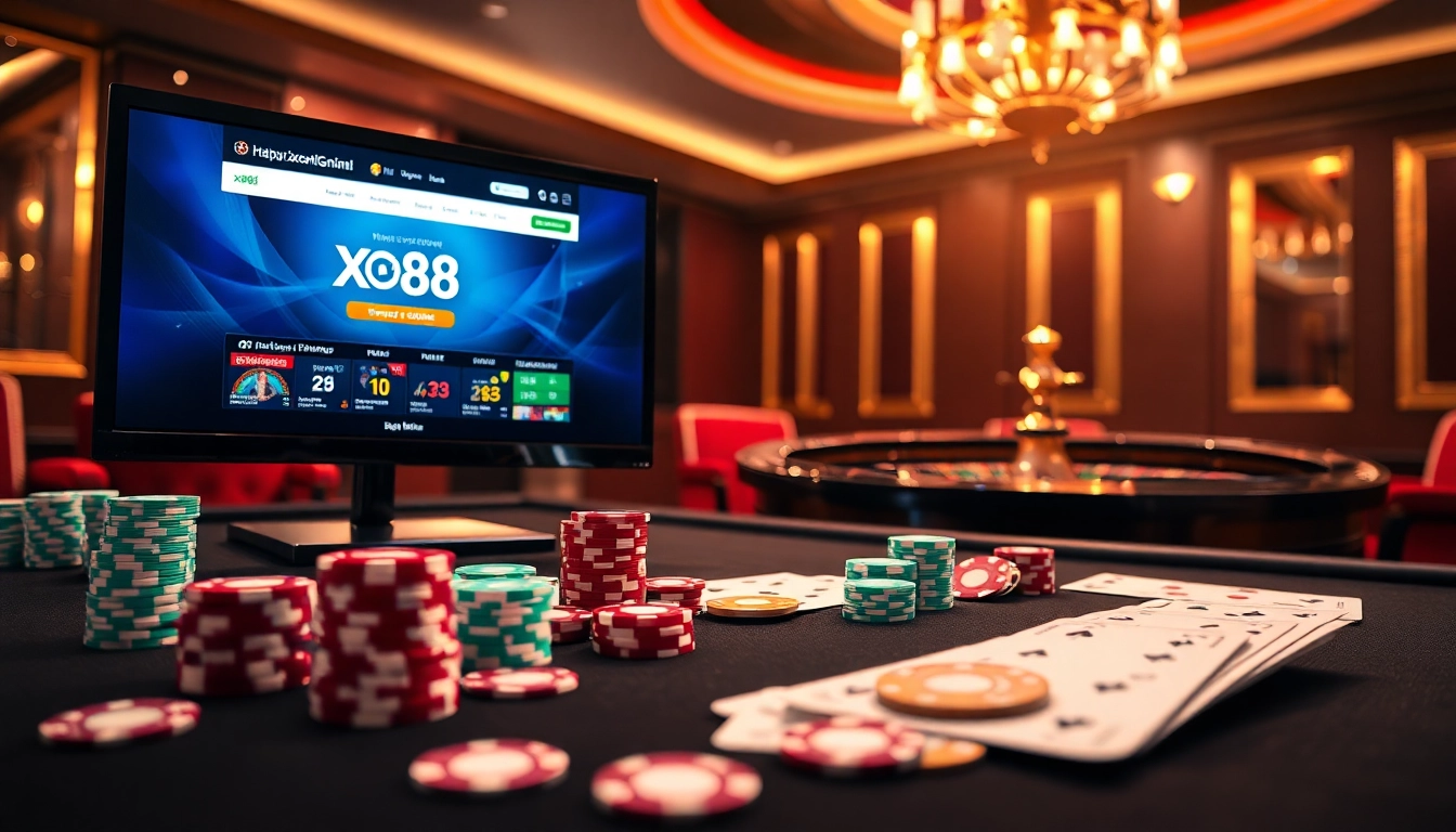 Engage with the excitement at https://xo88hi.com/ with vibrant casino elements showcasing poker chips and a roulette wheel.