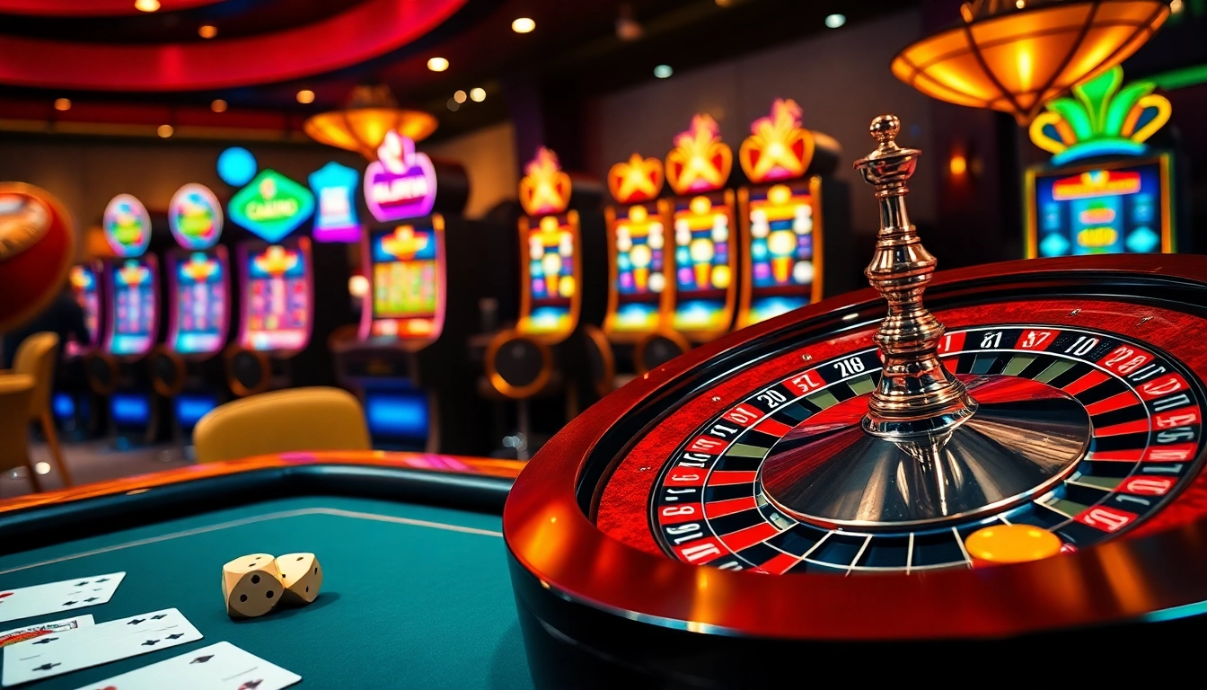 Experience the excitement of lc88 at a luxurious casino with a roulette wheel and poker table.