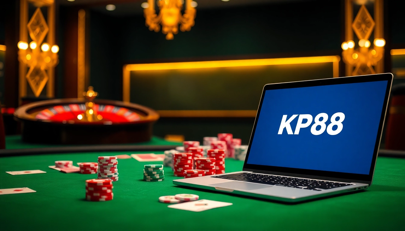 Experience thrilling gameplay at KP88 with vibrant poker chips and a roulette wheel.