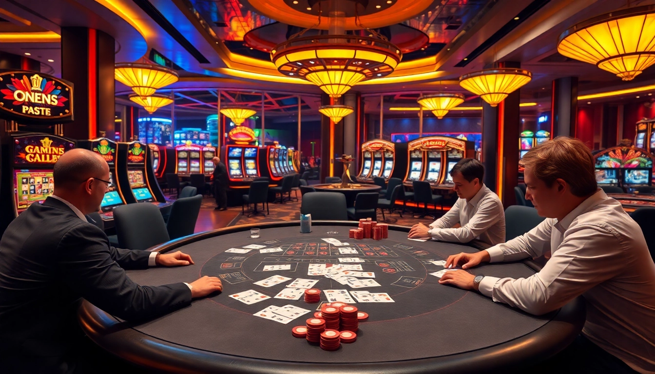 Experience luxury gambling at https://s8glx.com, highlighting excitement with a vibrant poker scene and slot machines.