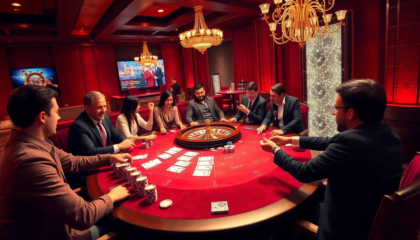 Engaged players strategize at a poker table in a vibrant casino, showcasing okking-themed excitement and luxury.