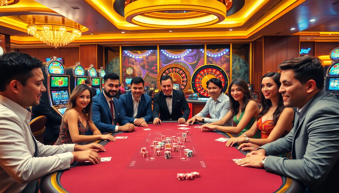 Exciting casino scene at Lc88 with players at a poker table and sparkling slot machines.