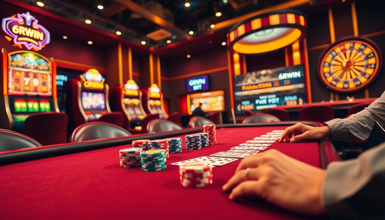 Excitement at the 6RWIN poker table with colorful chips and cards in a rich casino setting