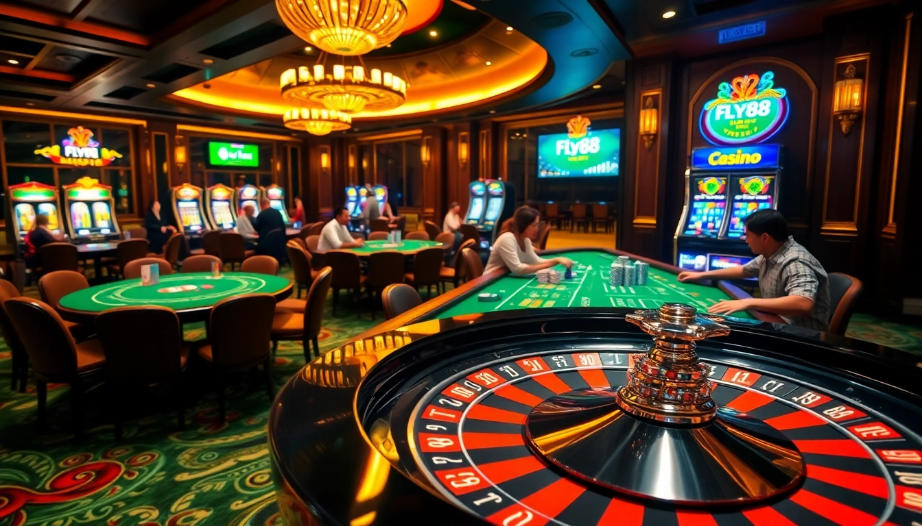 Experience luxury gaming with Fly88 at a glamorous casino table filled with cards and chips.
