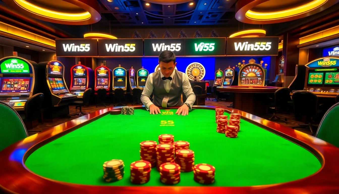 Experience the thrill of the Win55 casino with a vibrant poker table and glowing slot machines.