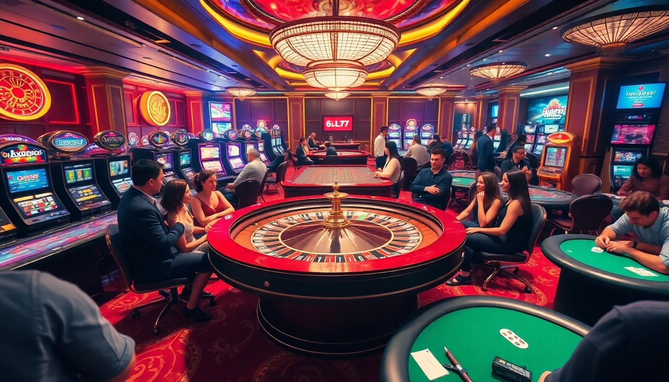 Experience the excitement of 6L777 with a vibrant casino interior, roulette game, and eager players.