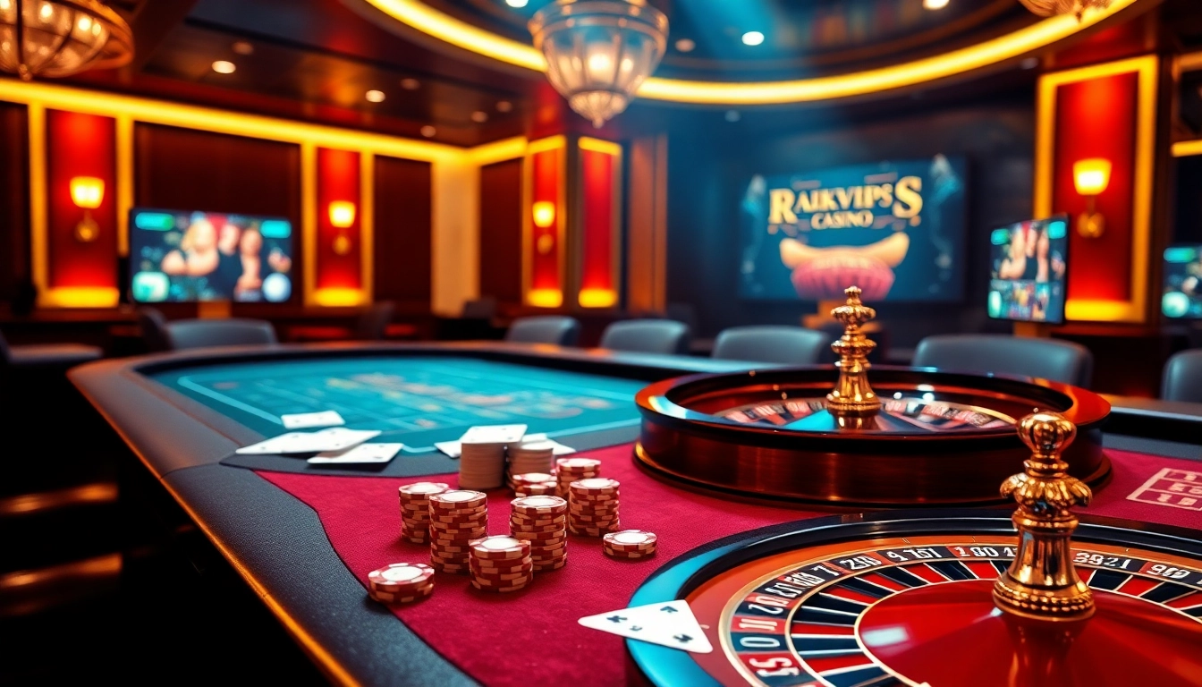 Engaging players at RIKVIP with vibrant gambling elements like cards and roulette.
