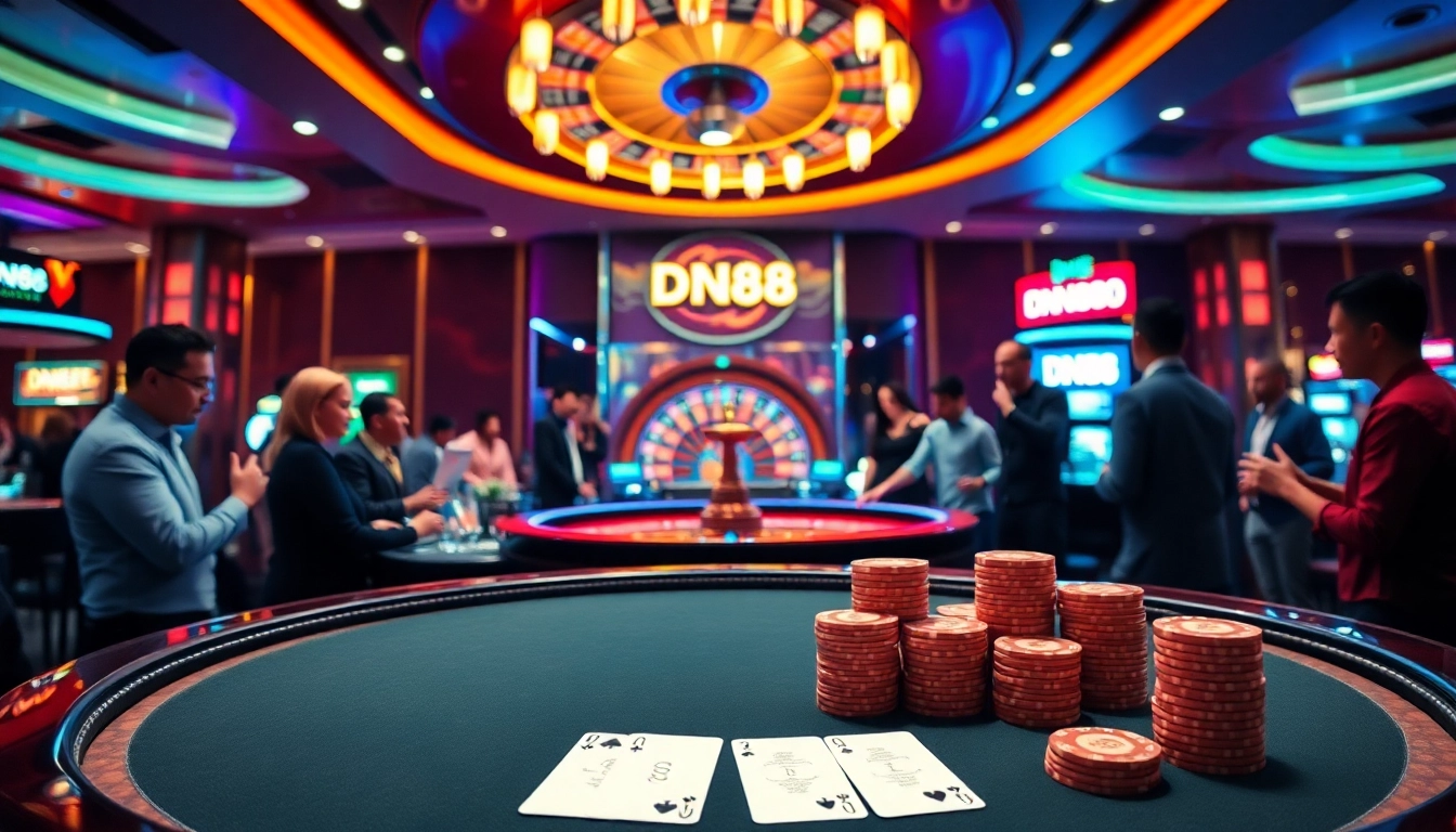 Experience thrilling gameplay at DN88's luxurious casino tables with poker chips and cards.