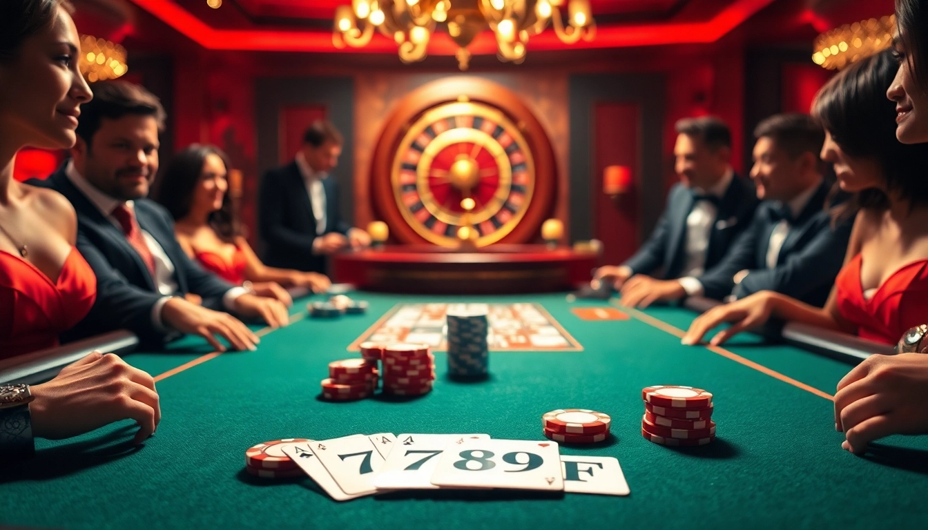 Players engaging at a high-stakes poker table in a luxurious casino featuring 789F elements.