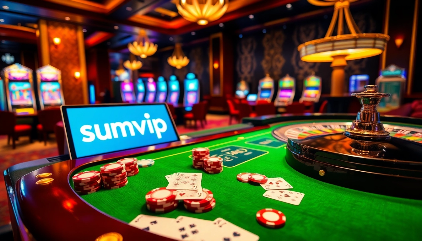Experience the excitement of sumvip with a vibrant casino scene filled with poker chips and slot machines.