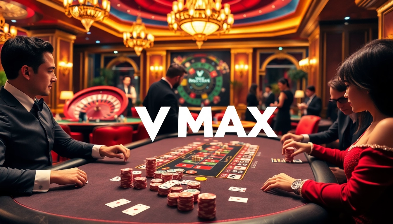 VMAX casino players engage in high-stakes poker at a luxurious table with vibrant chips and cards.