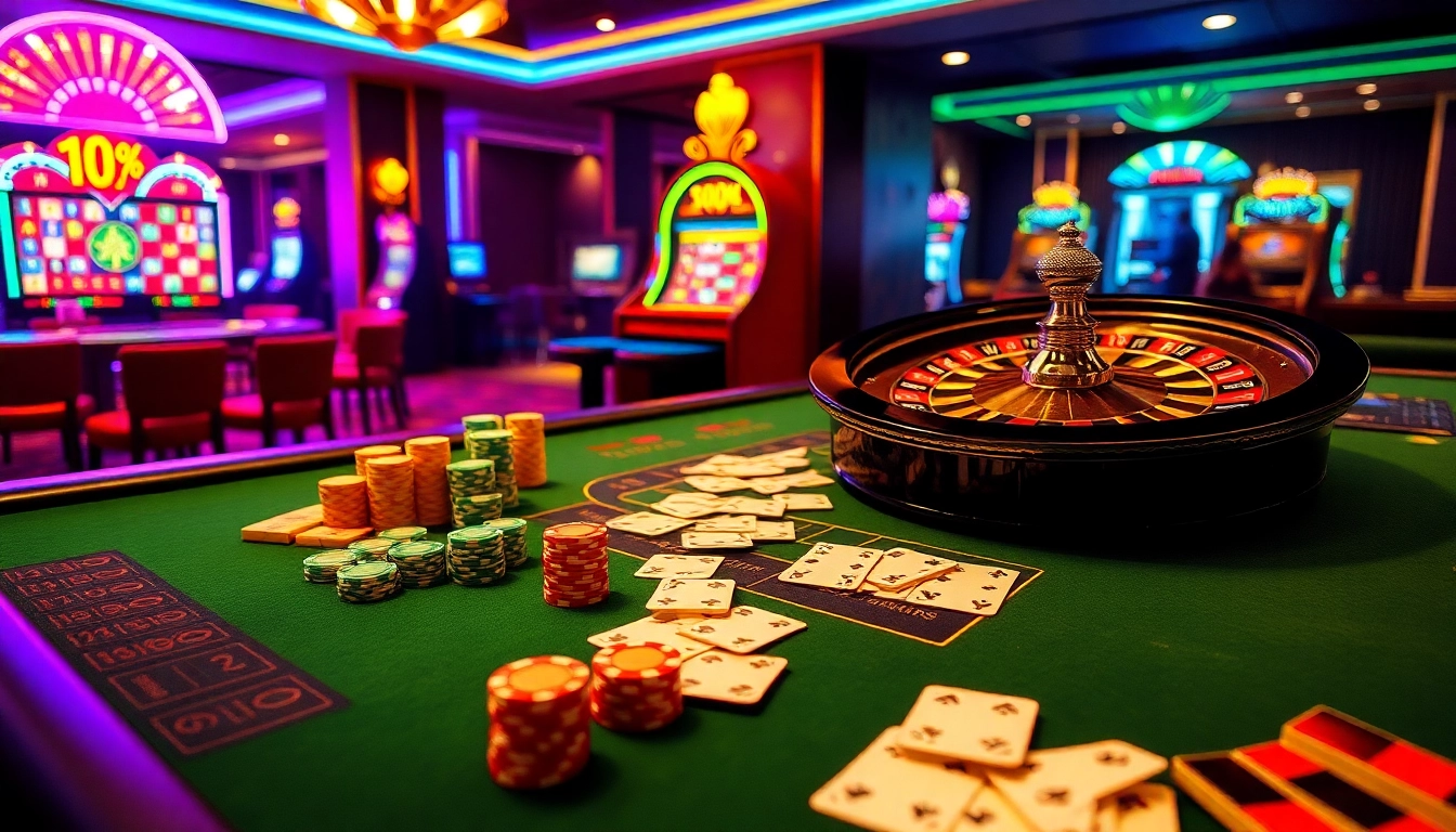 Experience the thrill of gambling at Fb88 with a luxurious casino setting featuring vibrant poker chips and roulette.