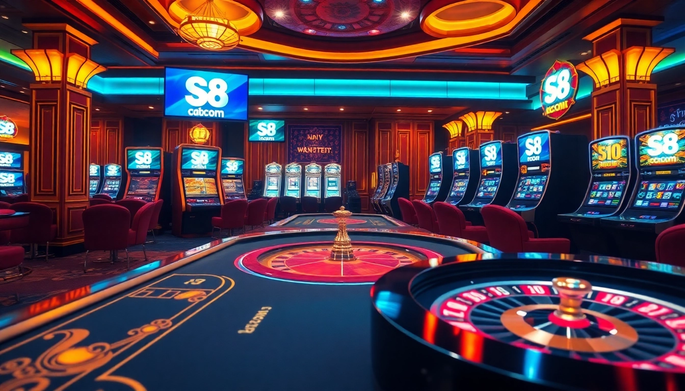 Experience high-stakes gameplay at S8 com, featuring vibrant poker tables and slot machines in a luxurious digital casino setting.