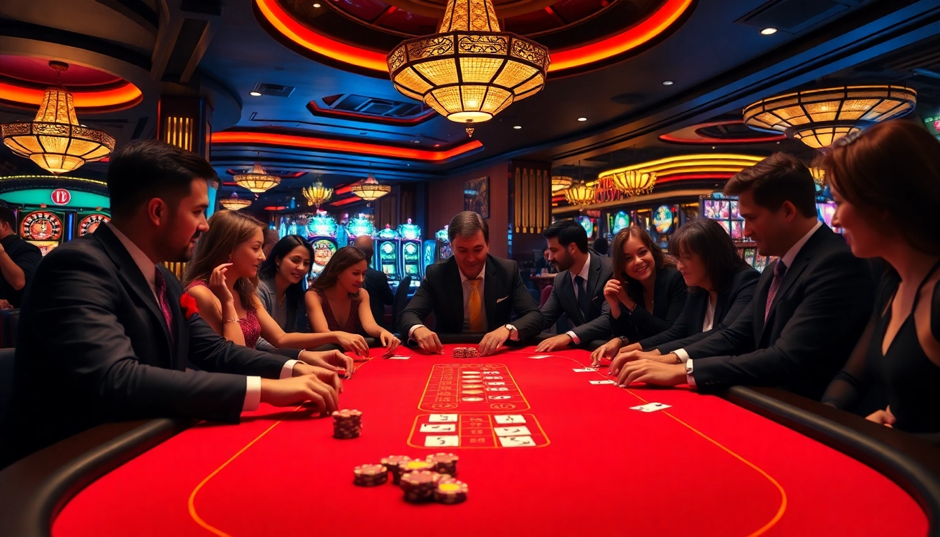 Players betting at an MB66 casino table with cards and chips under glowing lights.