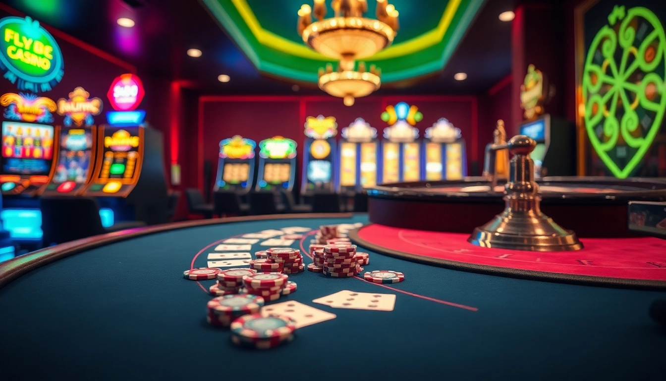 Experience the excitement of fly88 at a luxurious casino table with vibrant roulette and blackjack games.