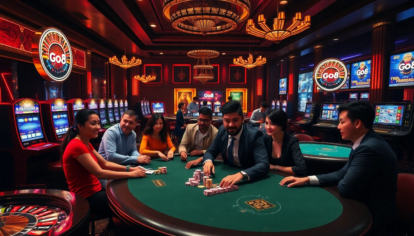 Experience thrilling gameplay with Go8 at a luxurious casino featuring exciting slot machines and poker tables.
