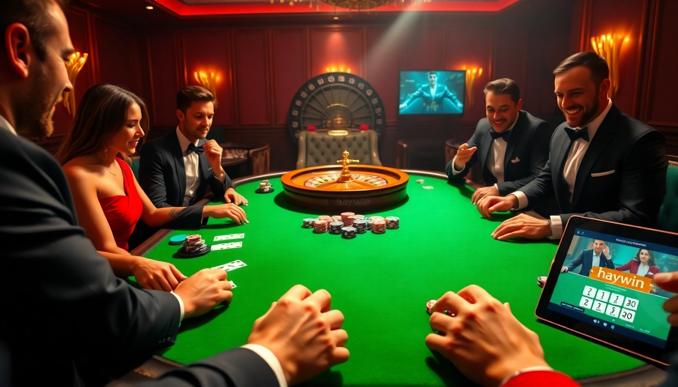 Gamblers playing poker at a luxury table inspired by hay.win, showcasing excitement and strategy.