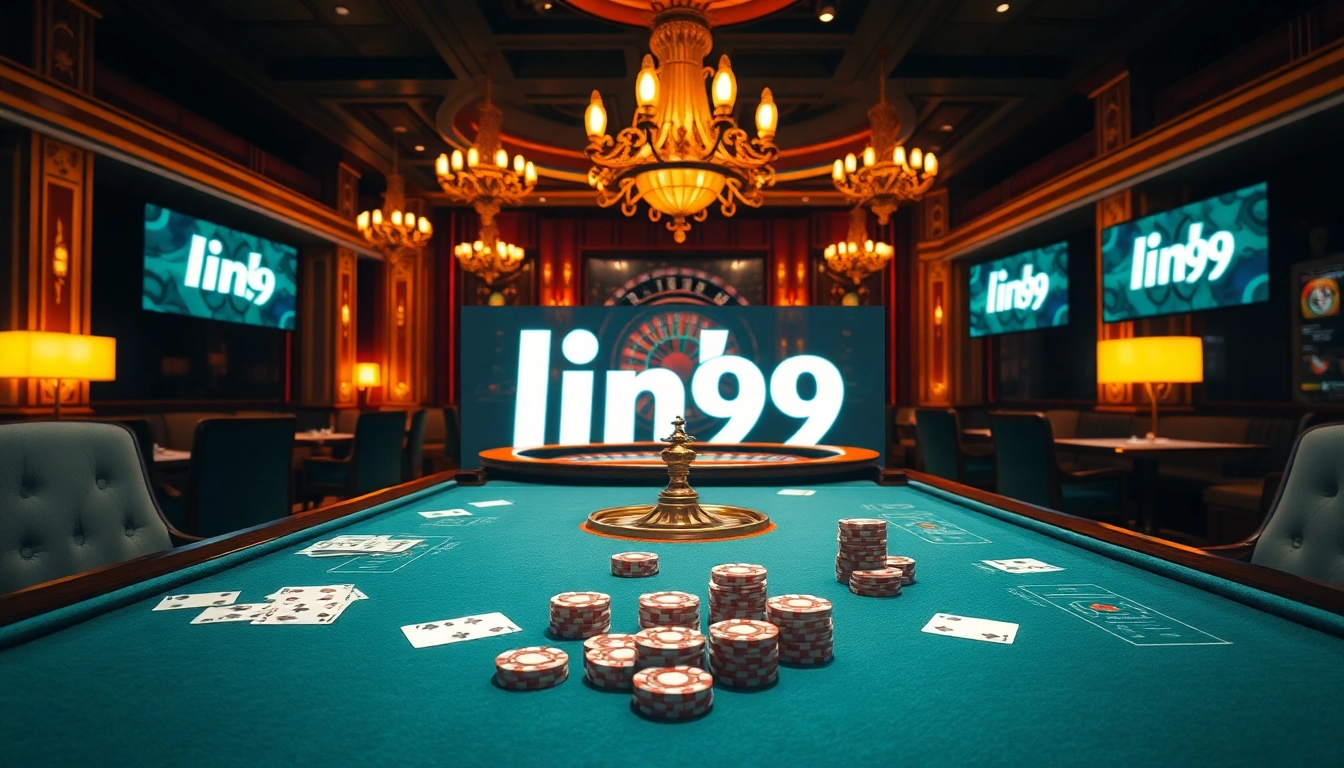 Engaging scene of a luxury casino with gaming tables and link PS99 displayed prominently, inviting players to join.