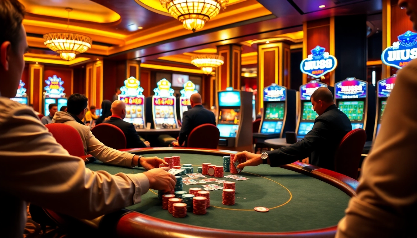UU88 casino scene showcasing strategic poker gameplay and vibrant slot machines.