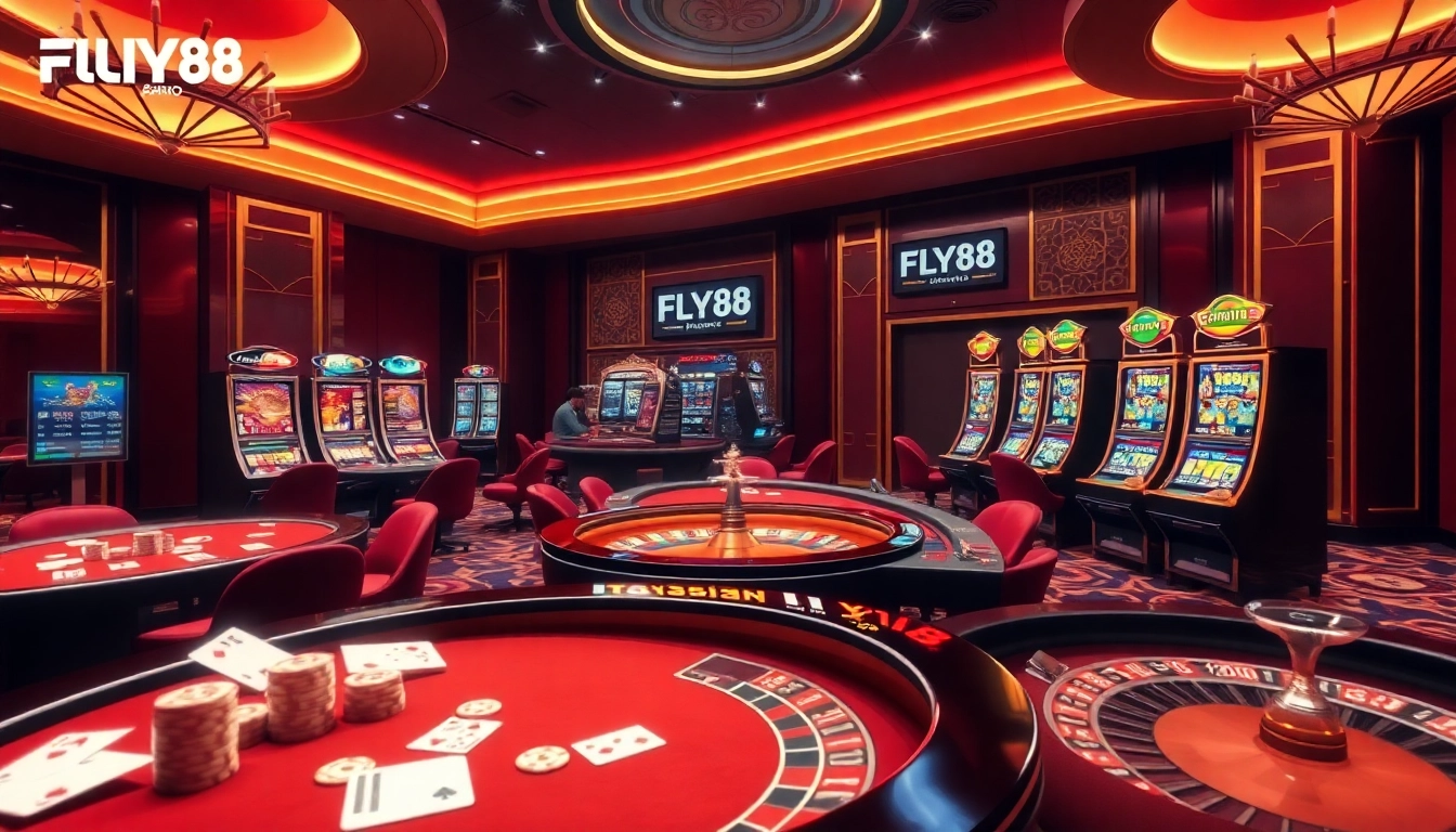 Experience the thrill of FLY88’s luxurious gaming environment with vibrant casino elements.