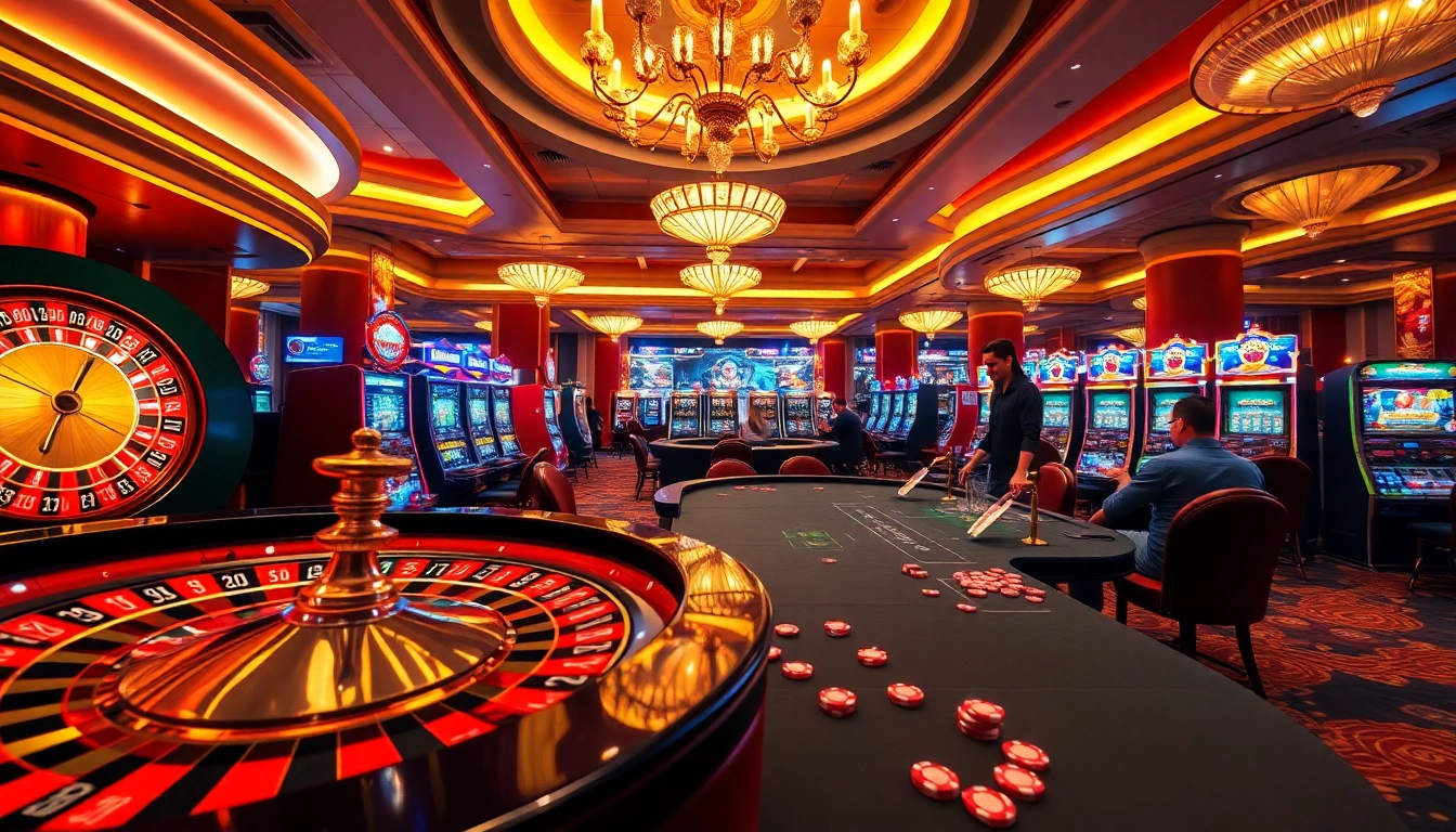 Experience the thrill of casino gaming with Mu88's vibrant gaming floor, featuring roulette and poker tables.