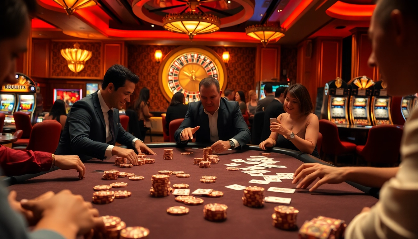 Players at a luxurious SODO-themed casino table strategizing over poker chips and cards.