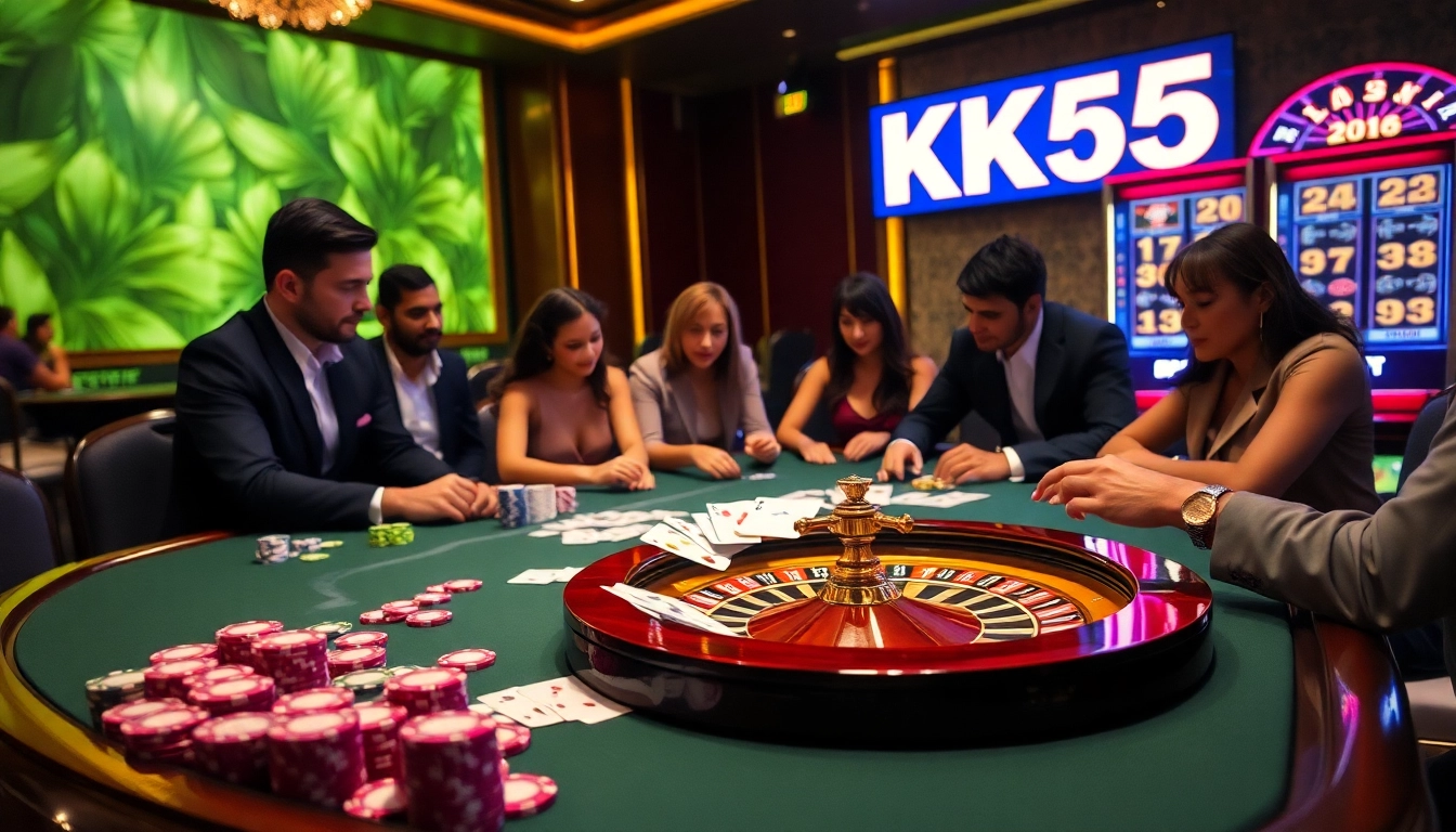 Engaged gamblers enjoying a KK55-themed casino experience with vibrant tables and exciting gameplay.