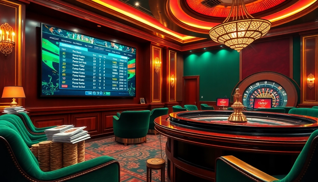 Experience the excitement of tỷ lệ bóng đá with a vibrant casino betting area showcasing live matches and betting slips.